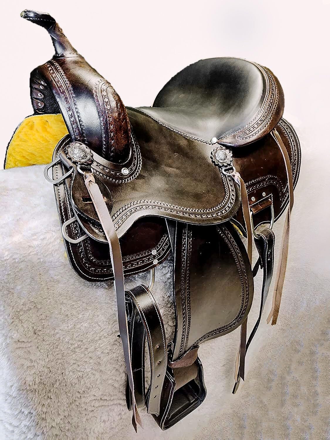 Brown Leather Western Horse Saddle Set with Headstall Breast Collar Reins C543