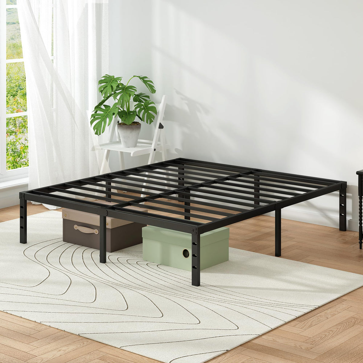 Black Metal Platform Bed Frame Full Size, 18 Inch Height with Underbed Storage E182393