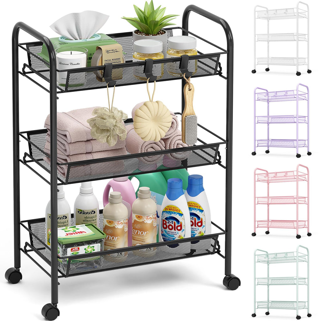 3 Tier Rolling Metal Storage Cart with Wheels, Black O161008