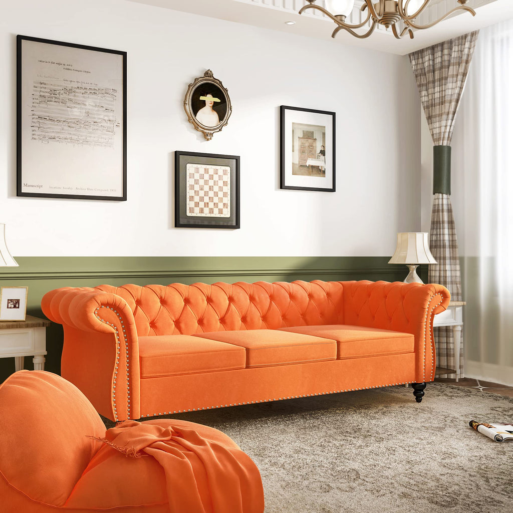 Velvet 3 Seater Tufted Sofa with Rolled Arms U8720