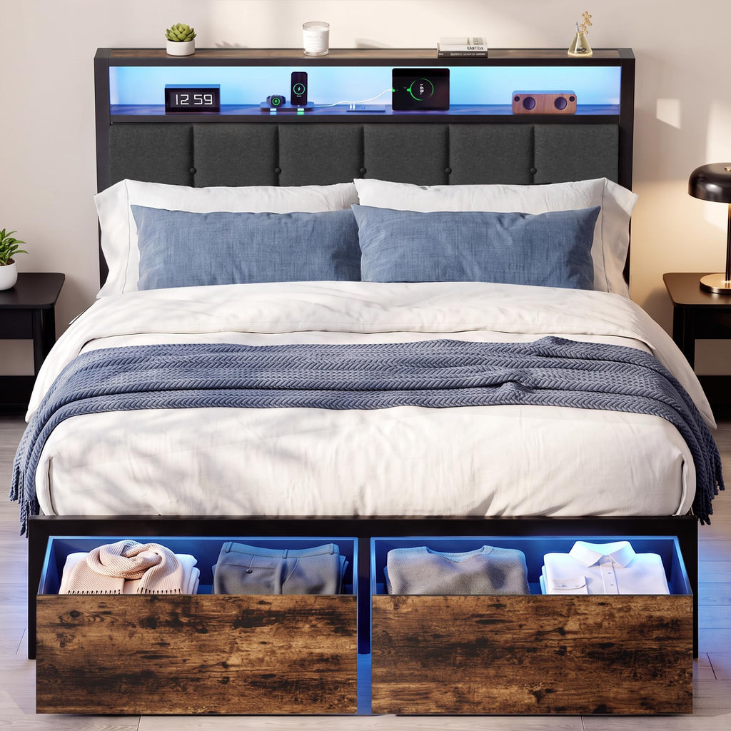 Full Bed Frame with Storage Drawers and LED Lights V70485