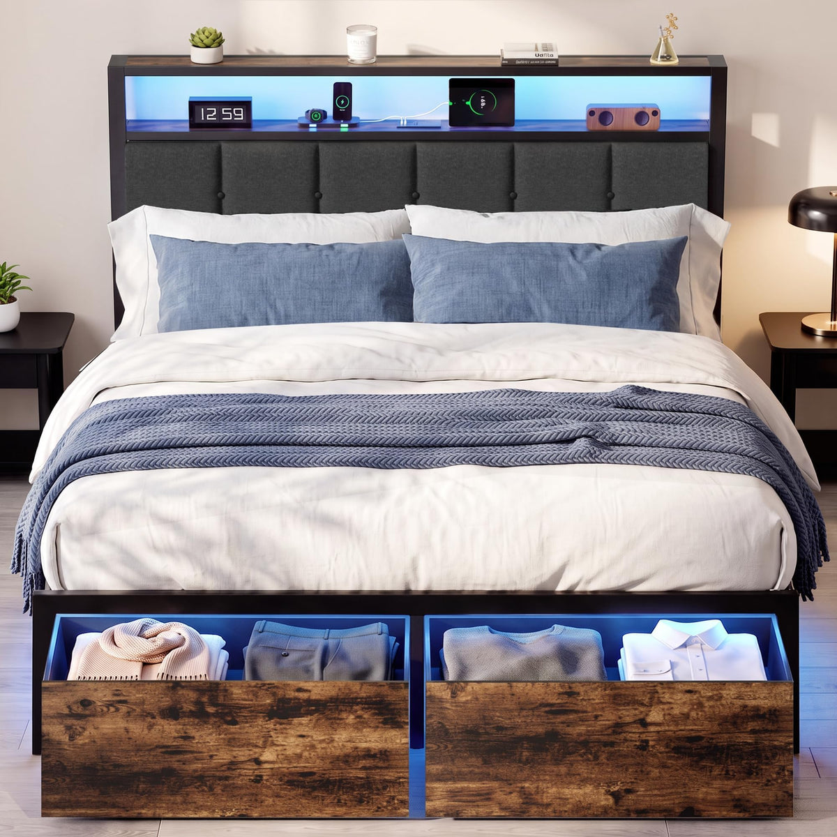 Full Bed Frame with Storage Drawers and LED Lights V70485