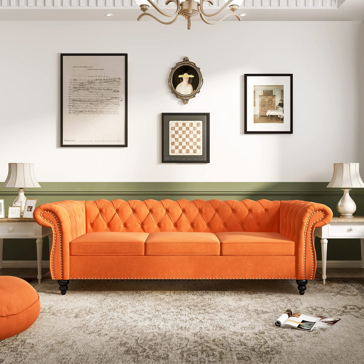 Velvet 3 Seater Tufted Sofa with Rolled Arms U8720