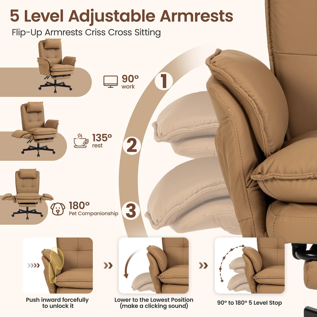Brown Office Chair with Foot Rest & Flip Armrests R769