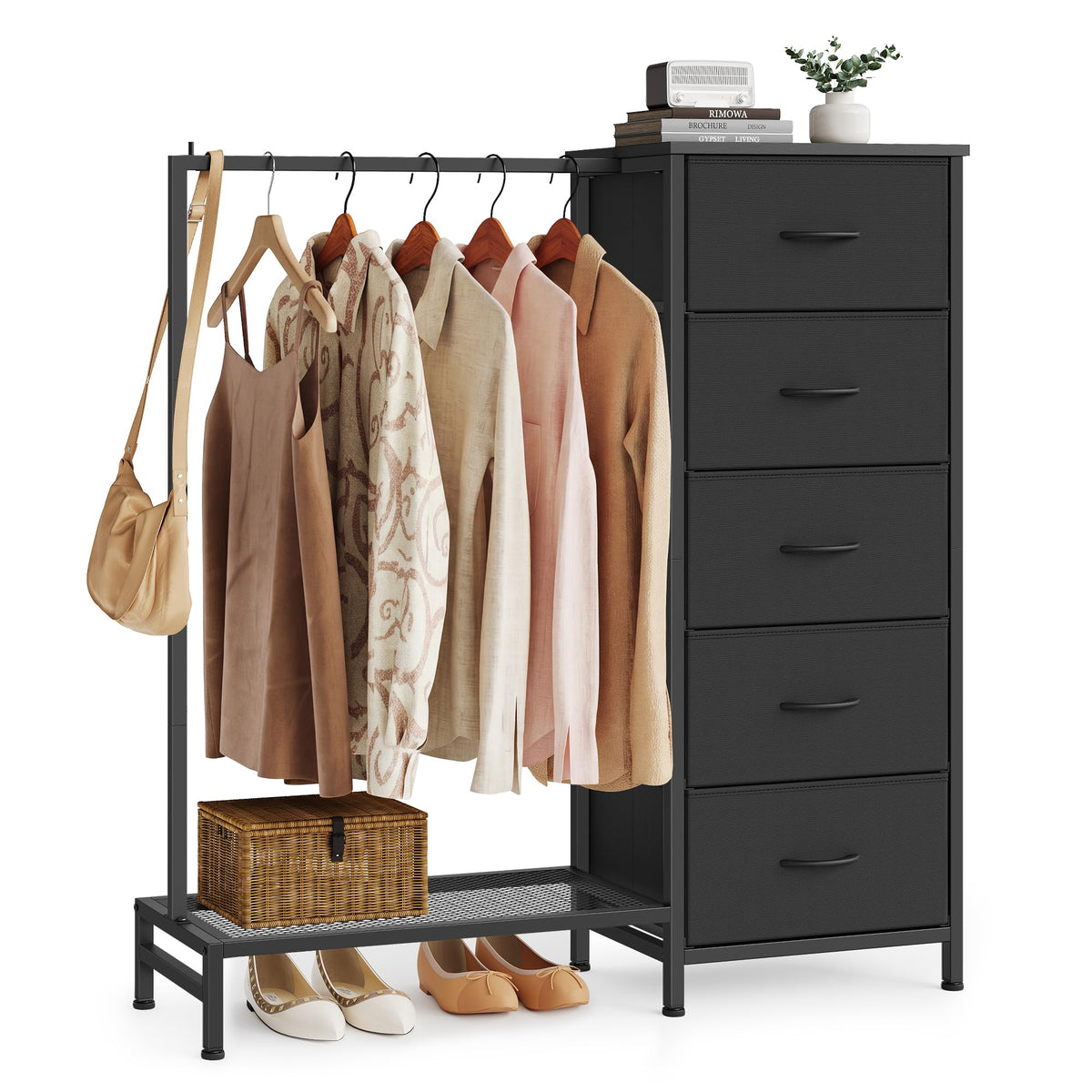 Fabric Dresser with Hanging Rod and 5 Drawers P637102
