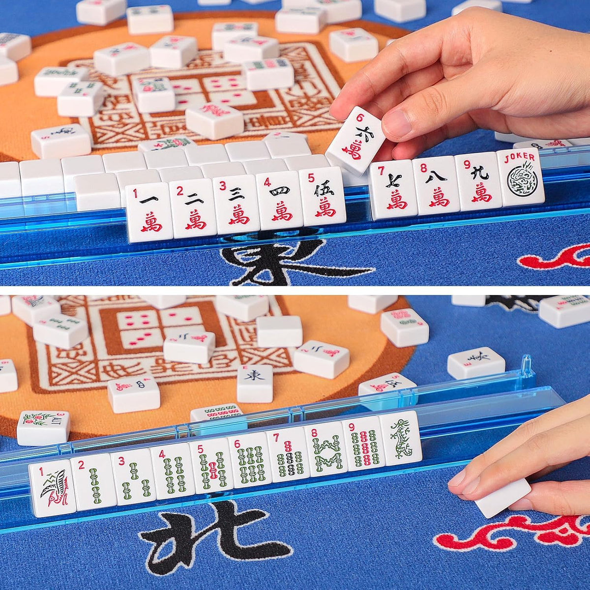 American Mahjong Game Set, 166 White Tiles, 4 Color Rack/Pushers, Blue Carrying Bag M546