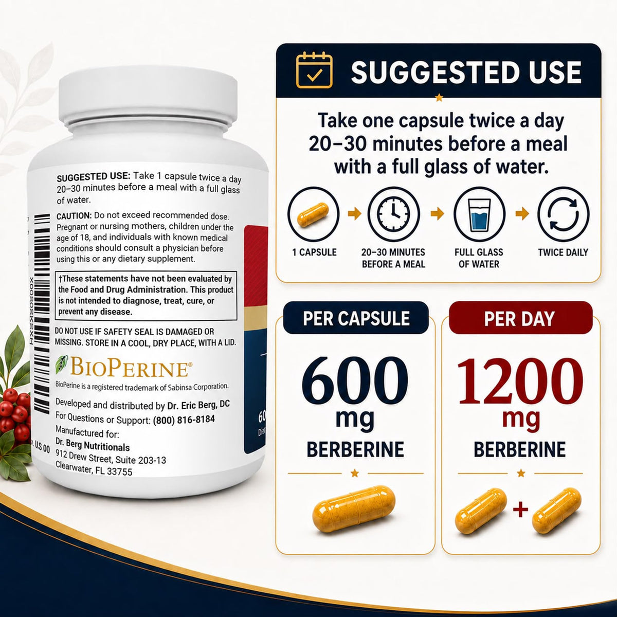 1200 mg Berberine with Ceylon Cinnamon, ALA, Magnesium Glycinate & BioPerine, 60 Capsules N2664