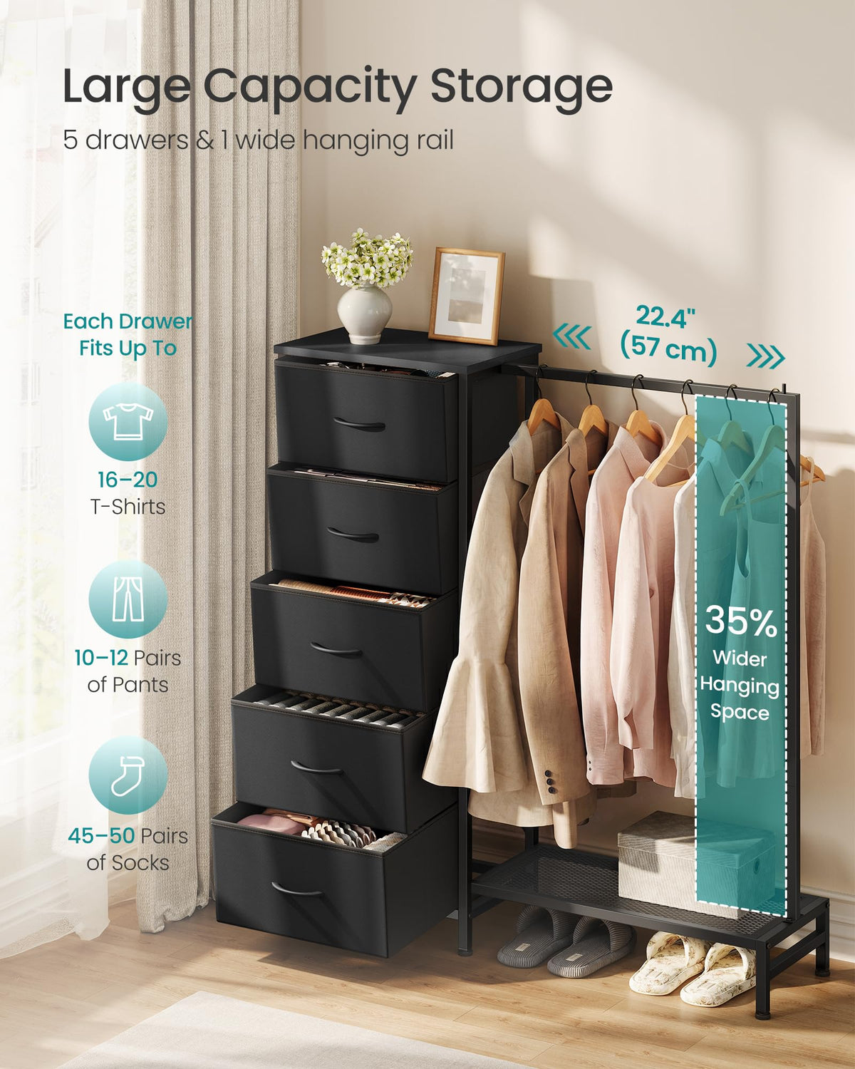 Fabric Dresser with Hanging Rod and 5 Drawers P637102