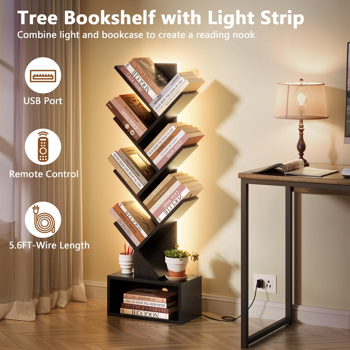 6 Tier Tree Bookshelf with Drawer and LED Lights Y15849