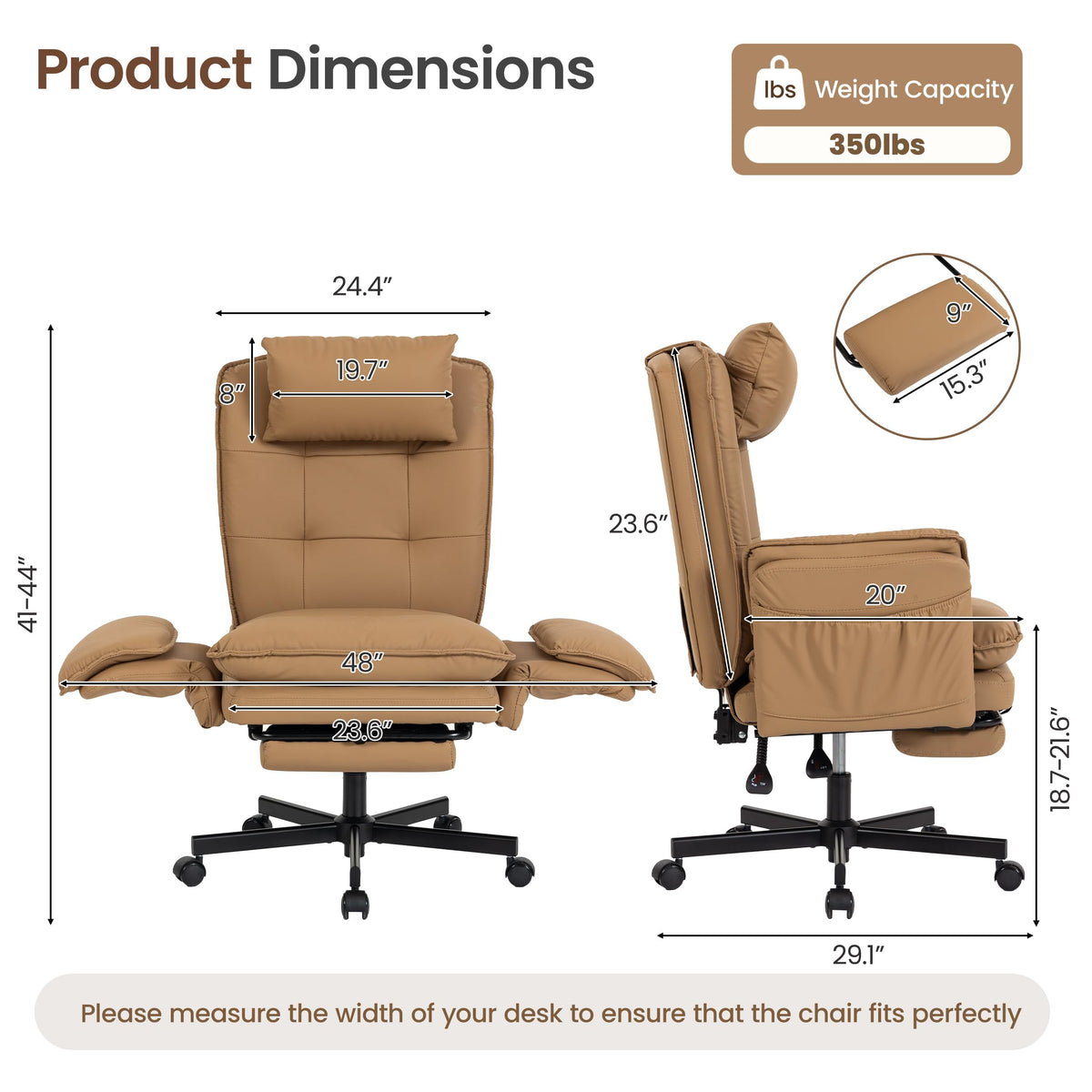 Brown Office Chair with Foot Rest & Flip Armrests R769