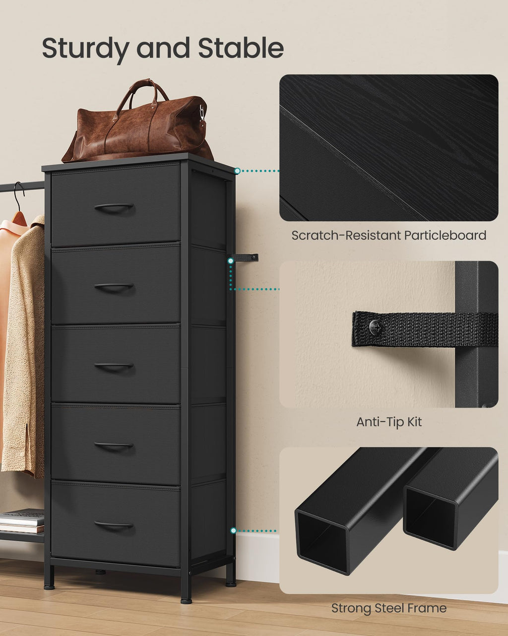 Fabric Dresser with Hanging Rod and 5 Drawers P637102