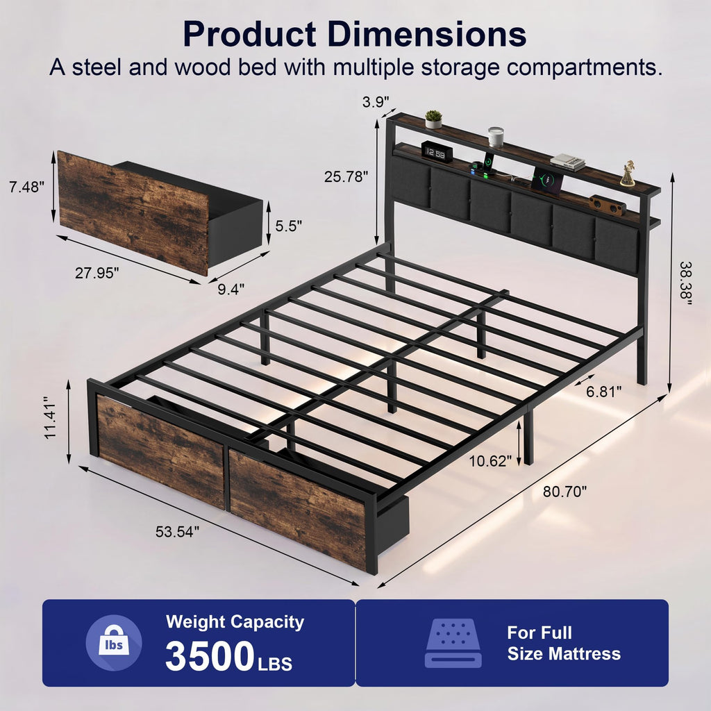 Full Bed Frame with Storage Drawers and LED Lights V70485