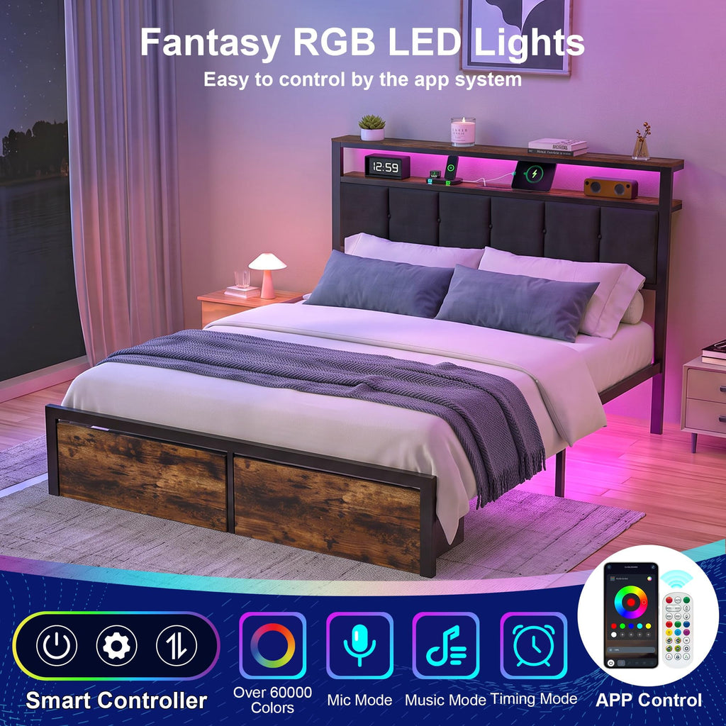 Full Bed Frame with Storage Drawers and LED Lights V70485
