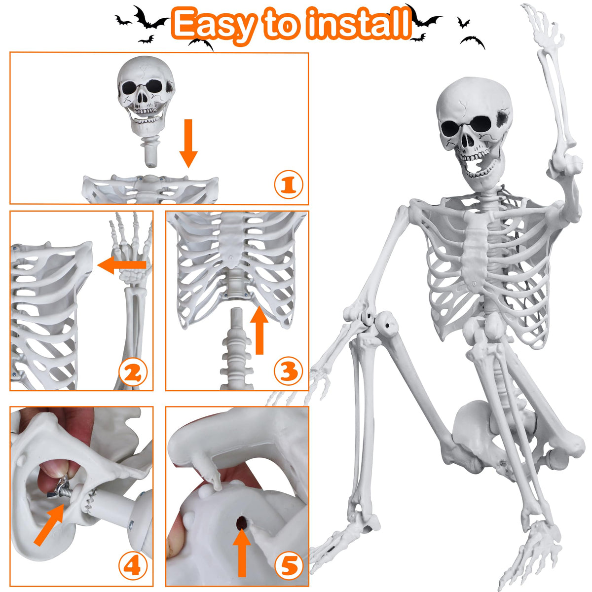 5.4ft/165cm Halloween Skeleton with Crows Movable Joints E7587