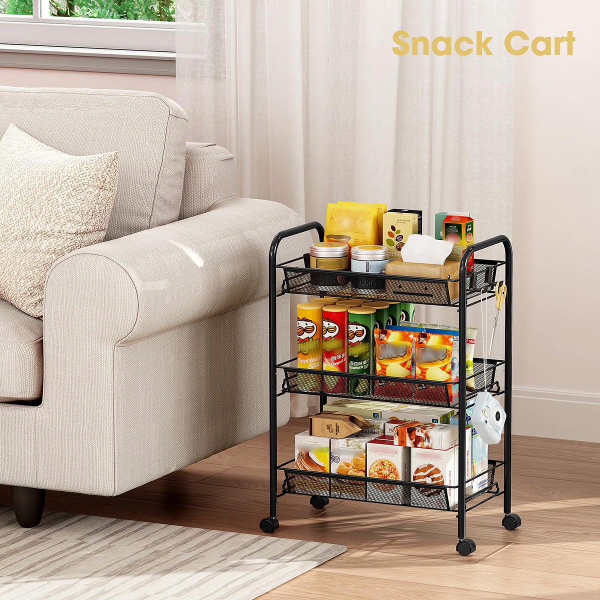 3 Tier Rolling Metal Storage Cart with Wheels, Black O161008