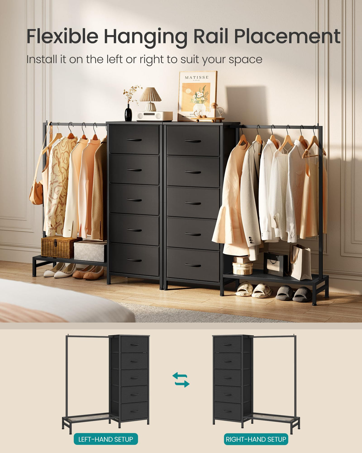 Fabric Dresser with Hanging Rod and 5 Drawers P637102