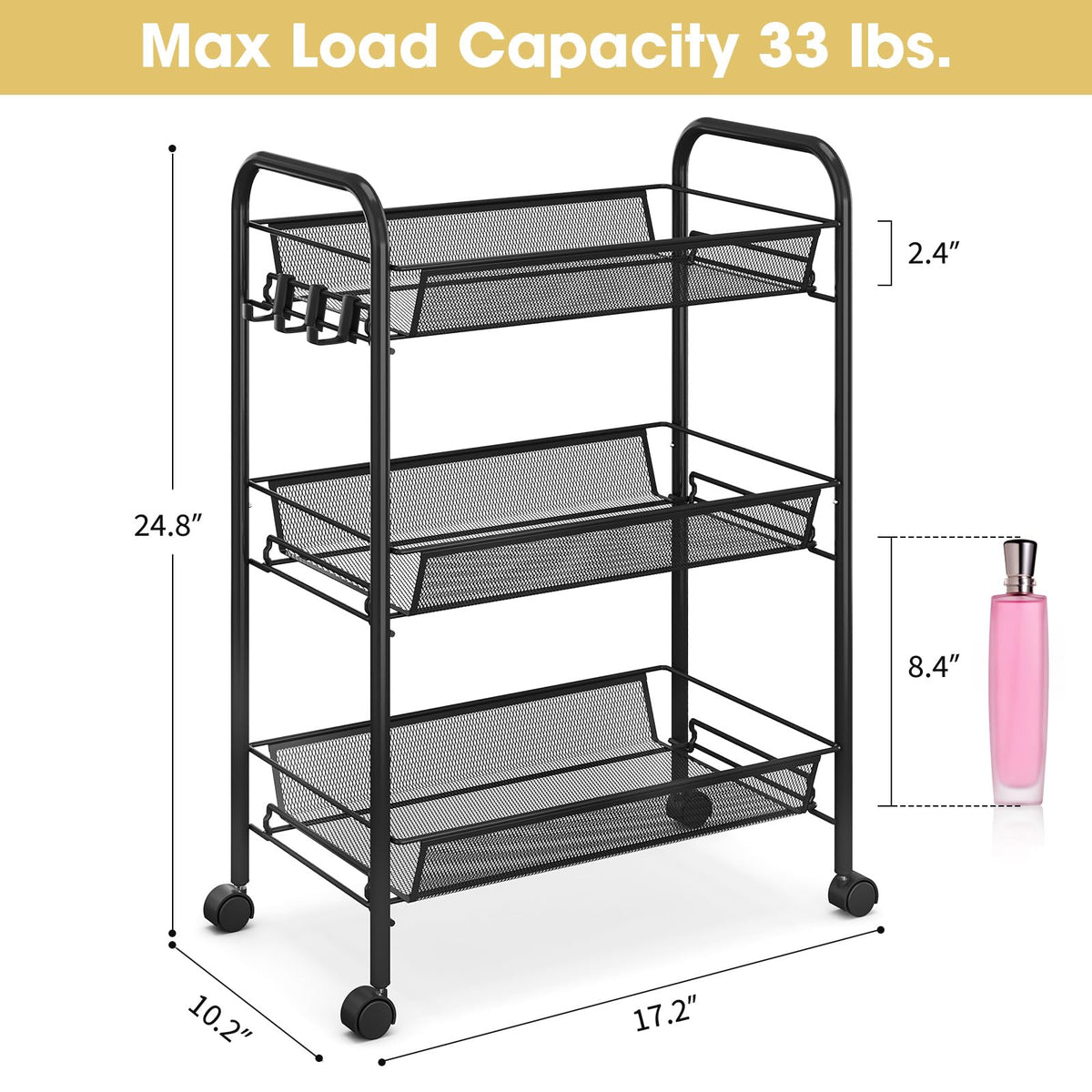 3 Tier Rolling Metal Storage Cart with Wheels, Black O161008