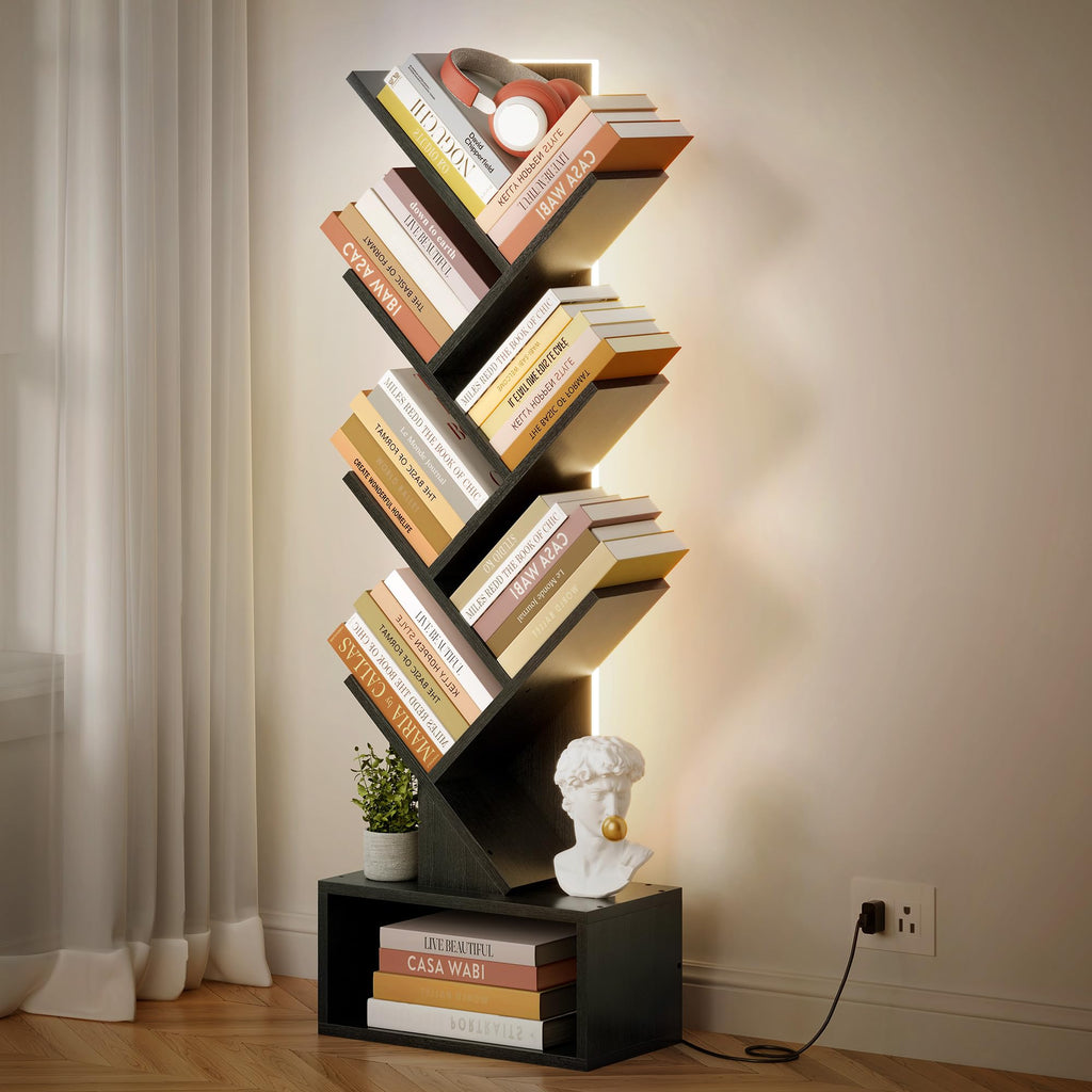 6 Tier Tree Bookshelf with Drawer and LED Lights Y15849