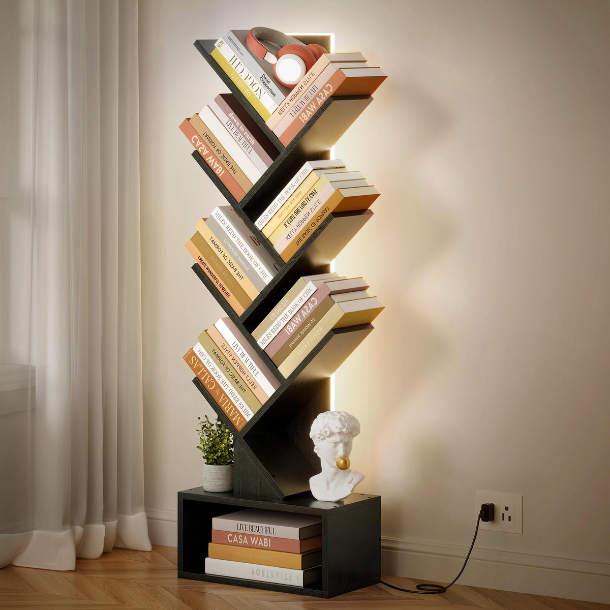 6 Tier Tree Bookshelf with Drawer and LED Lights Y15849