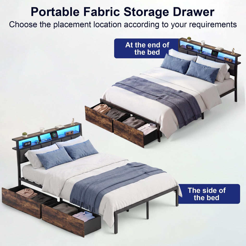 Full Bed Frame with Storage Drawers and LED Lights V70485