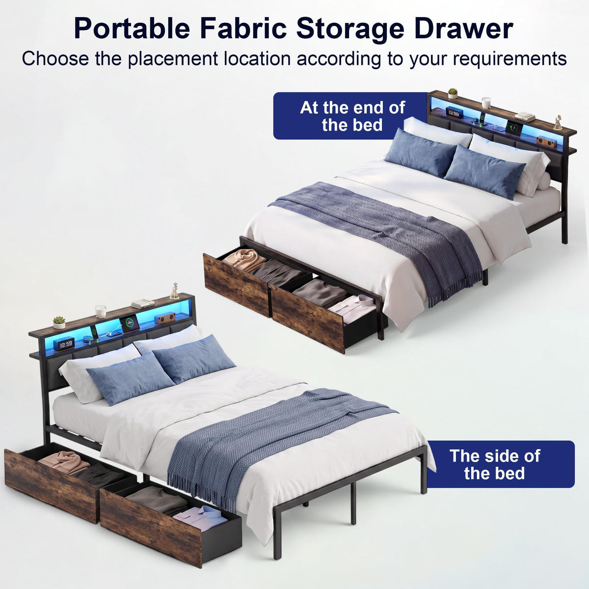 Full Bed Frame with Storage Drawers and LED Lights V70485
