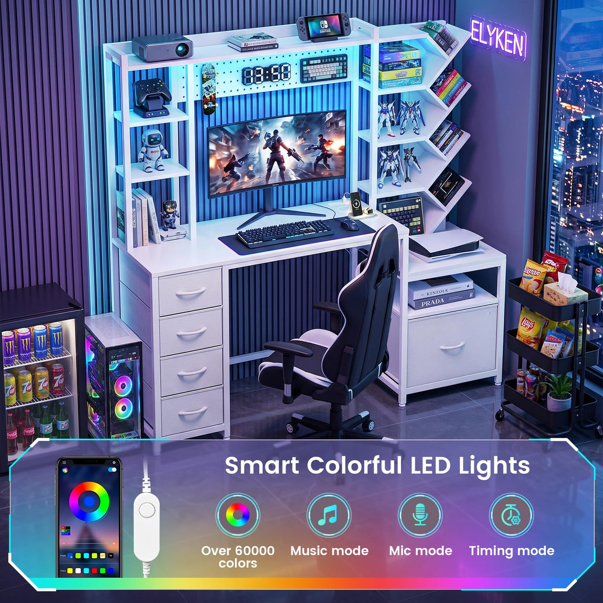 61.4" Computer Desk with Bookshelf, 5 Drawers, Hutch, Outlet, LED F474636