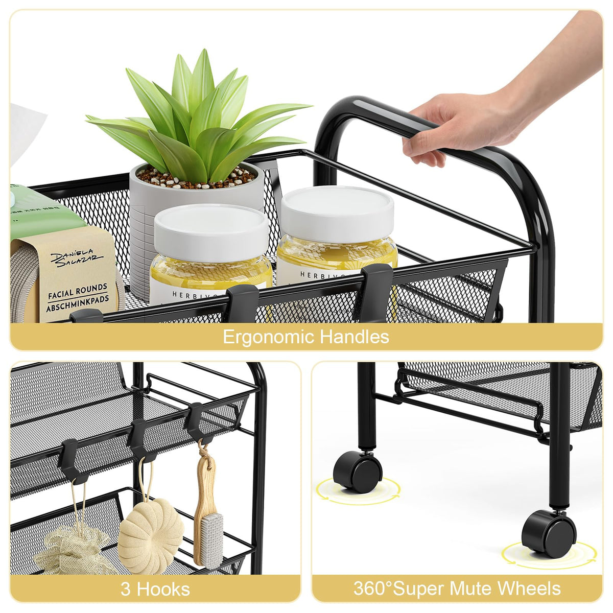 3 Tier Rolling Metal Storage Cart with Wheels, Black O161008