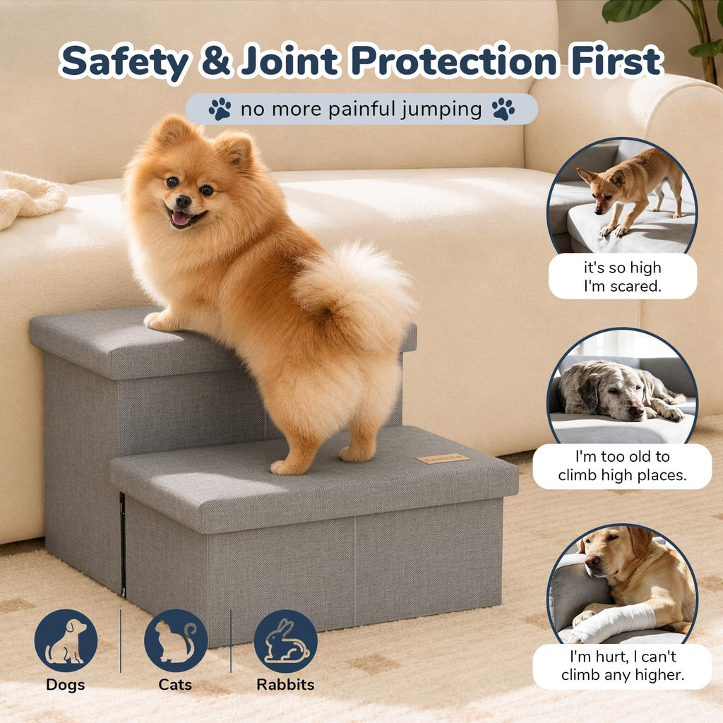 2-Step Wide Dog Stairs with Storage, Non-Slip Foldable Pet Steps, Grey M25049
