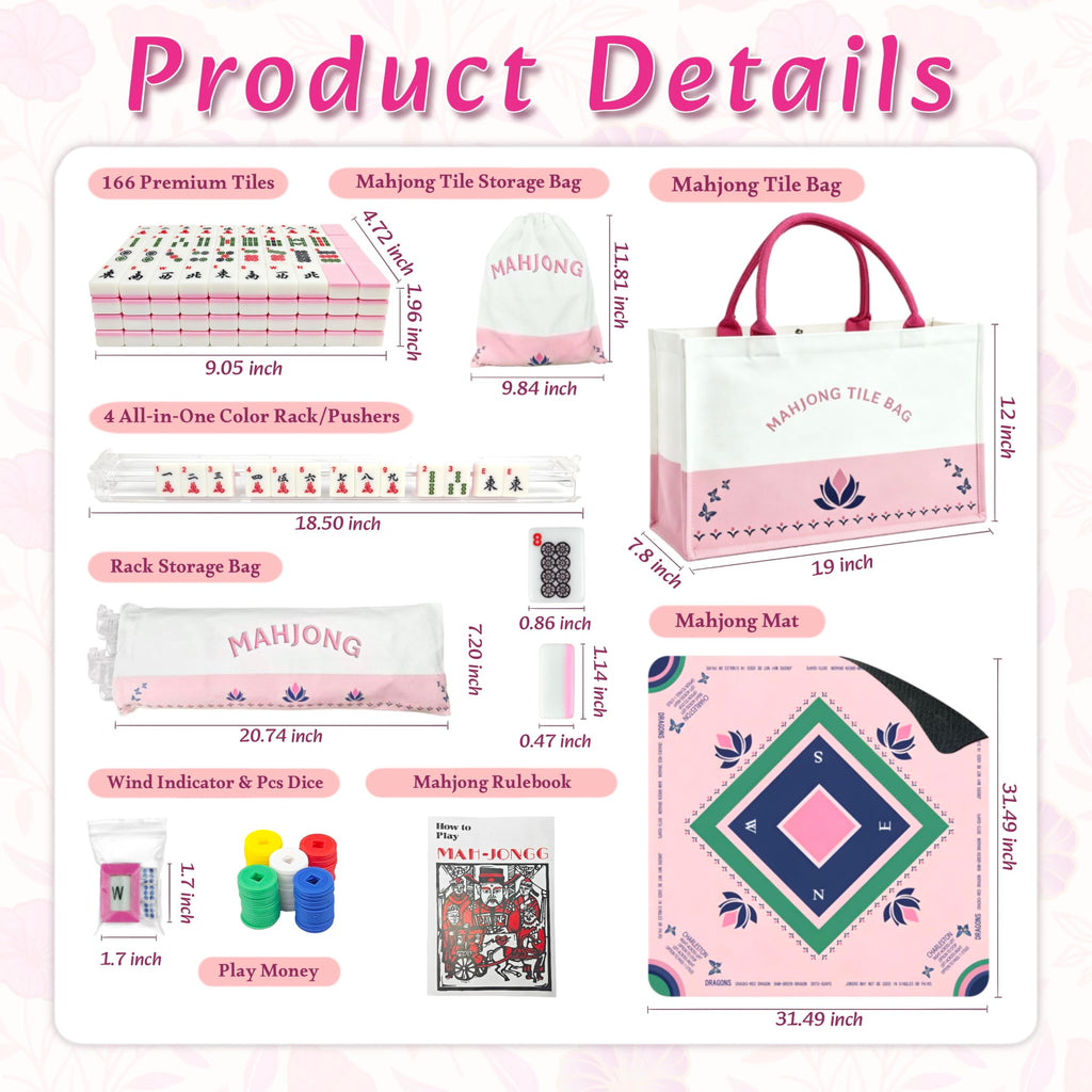 Pink Mahjong Game Set with 166 Tiles, Mat, 4 Racks and Bag V383