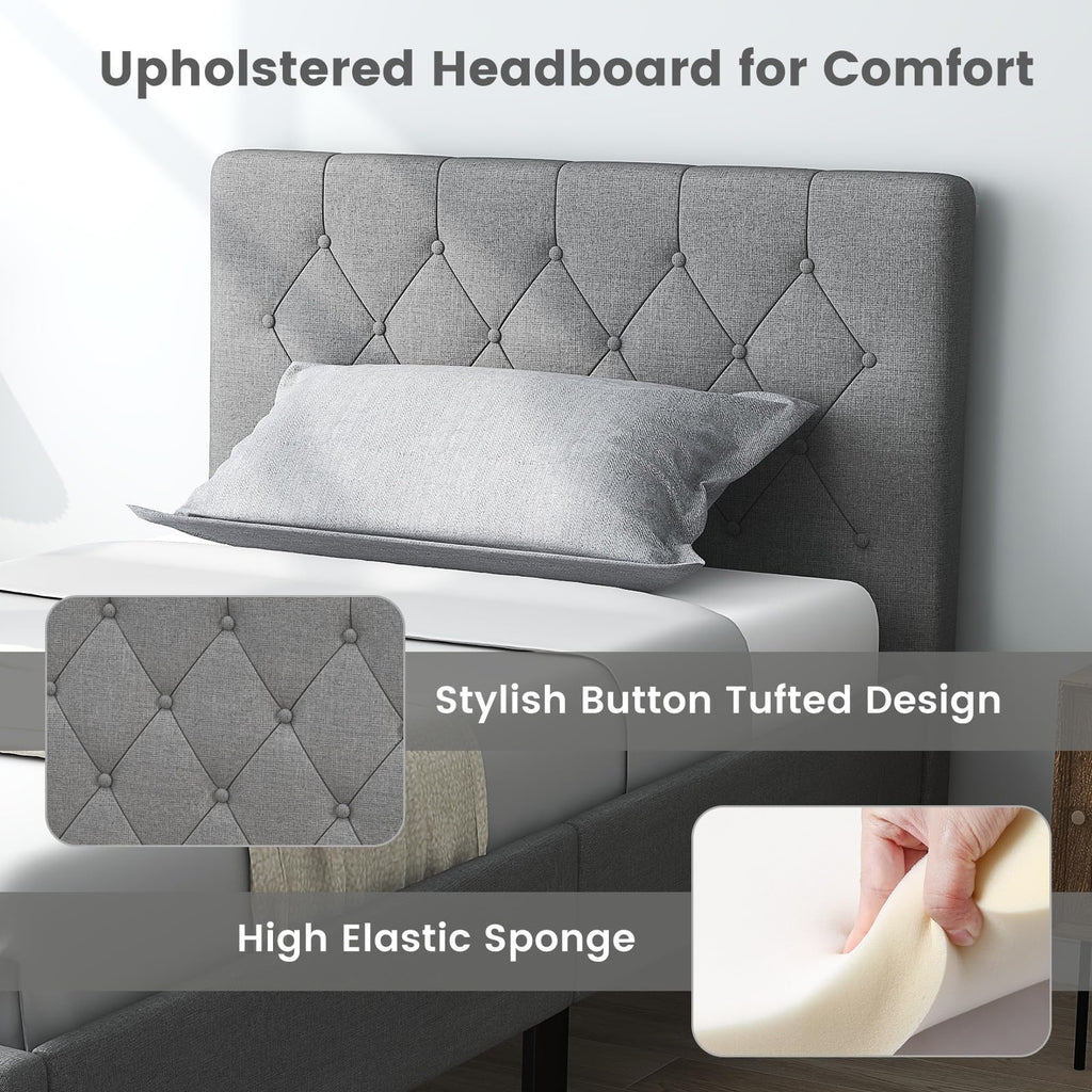 Grey Twin Upholstered Platform Bed with Headboard L23102