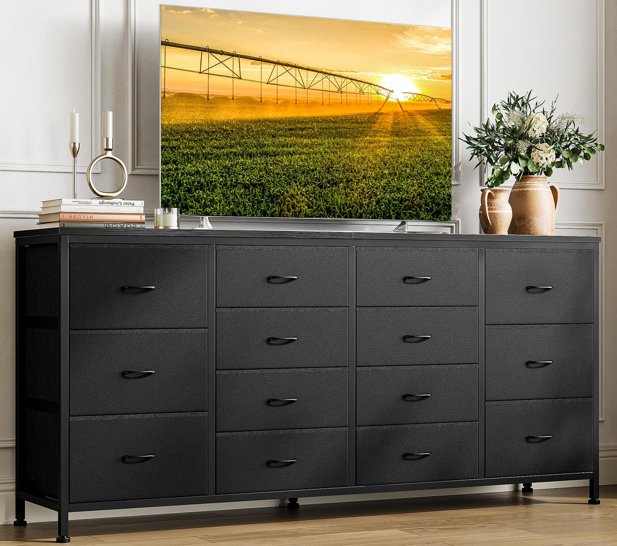 63 Inch TV Stand with 14 Fabric Drawers, Black E136