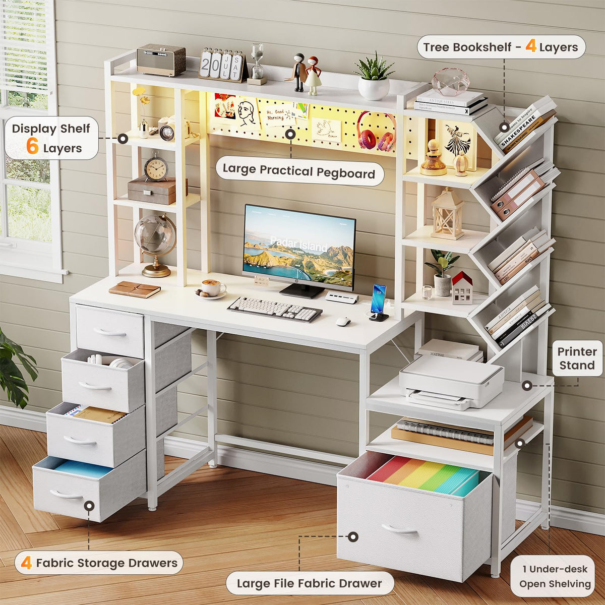 61.4" Computer Desk with Bookshelf, 5 Drawers, Hutch, Outlet, LED F474636
