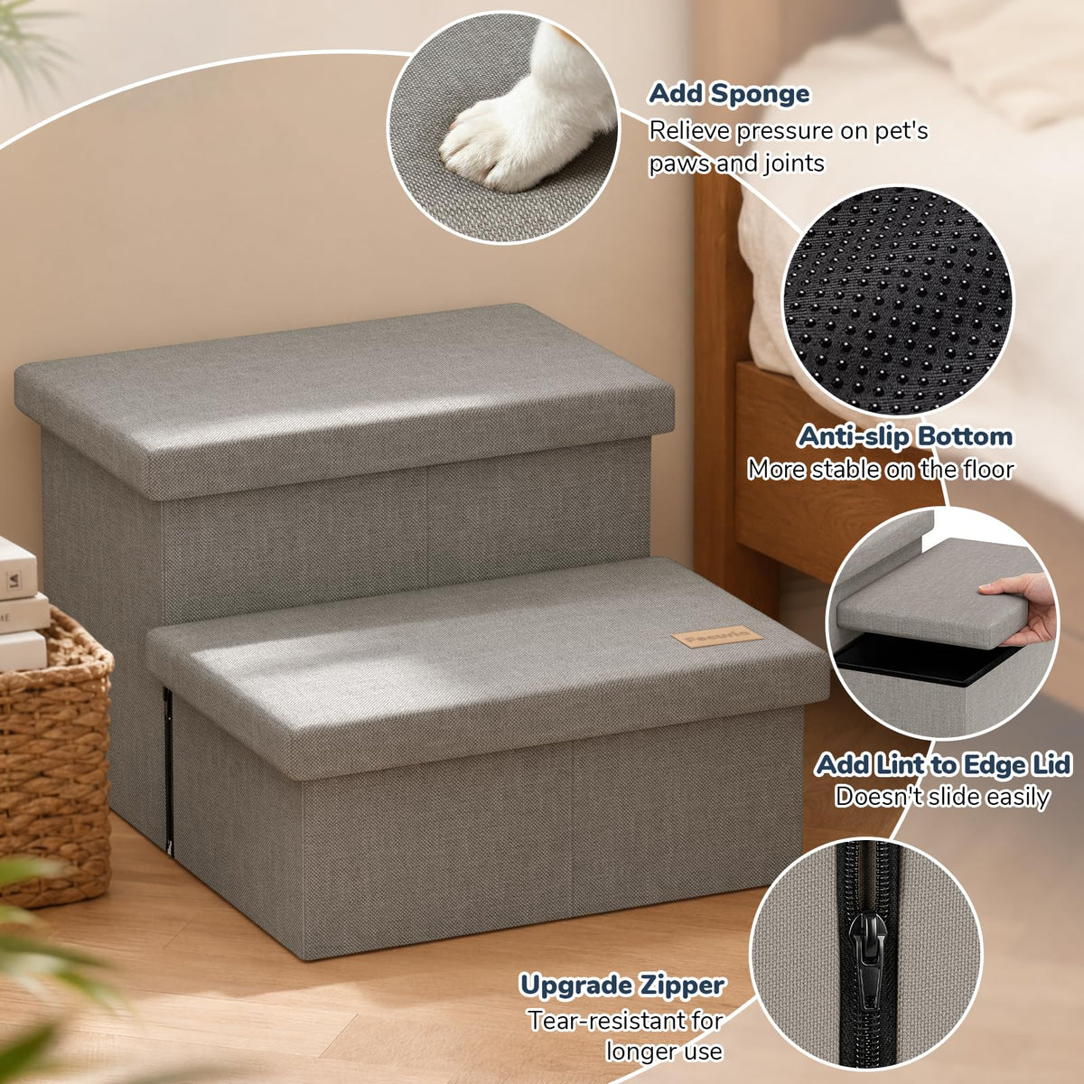 2-Step Wide Dog Stairs with Storage, Non-Slip Foldable Pet Steps, Grey M25049