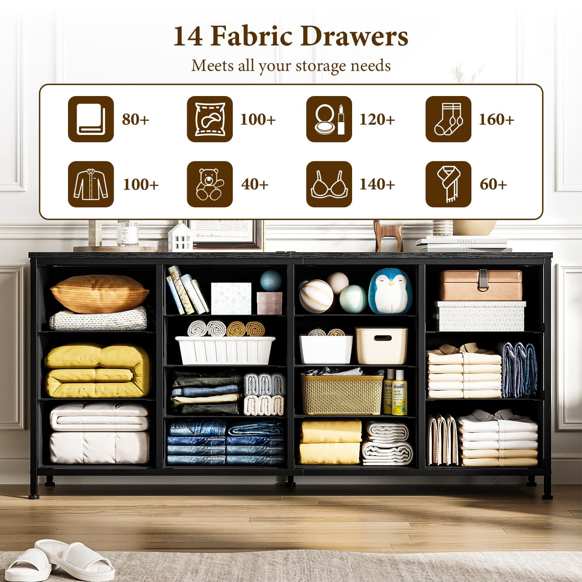63 Inch TV Stand with 14 Fabric Drawers, Black E136