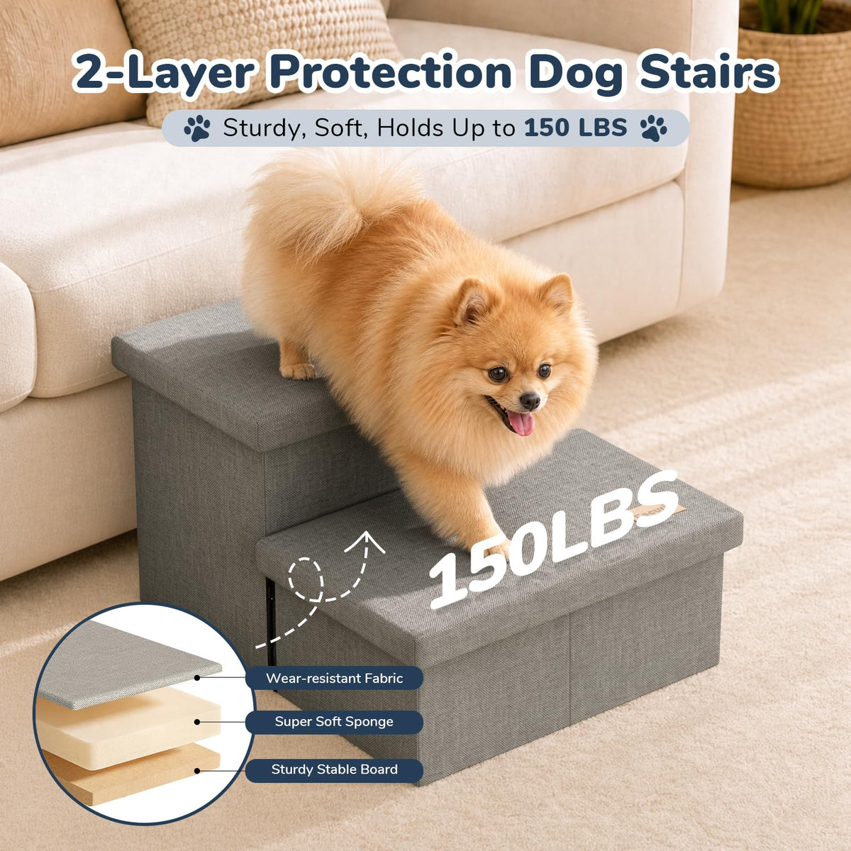 2-Step Wide Dog Stairs with Storage, Non-Slip Foldable Pet Steps, Grey M25049