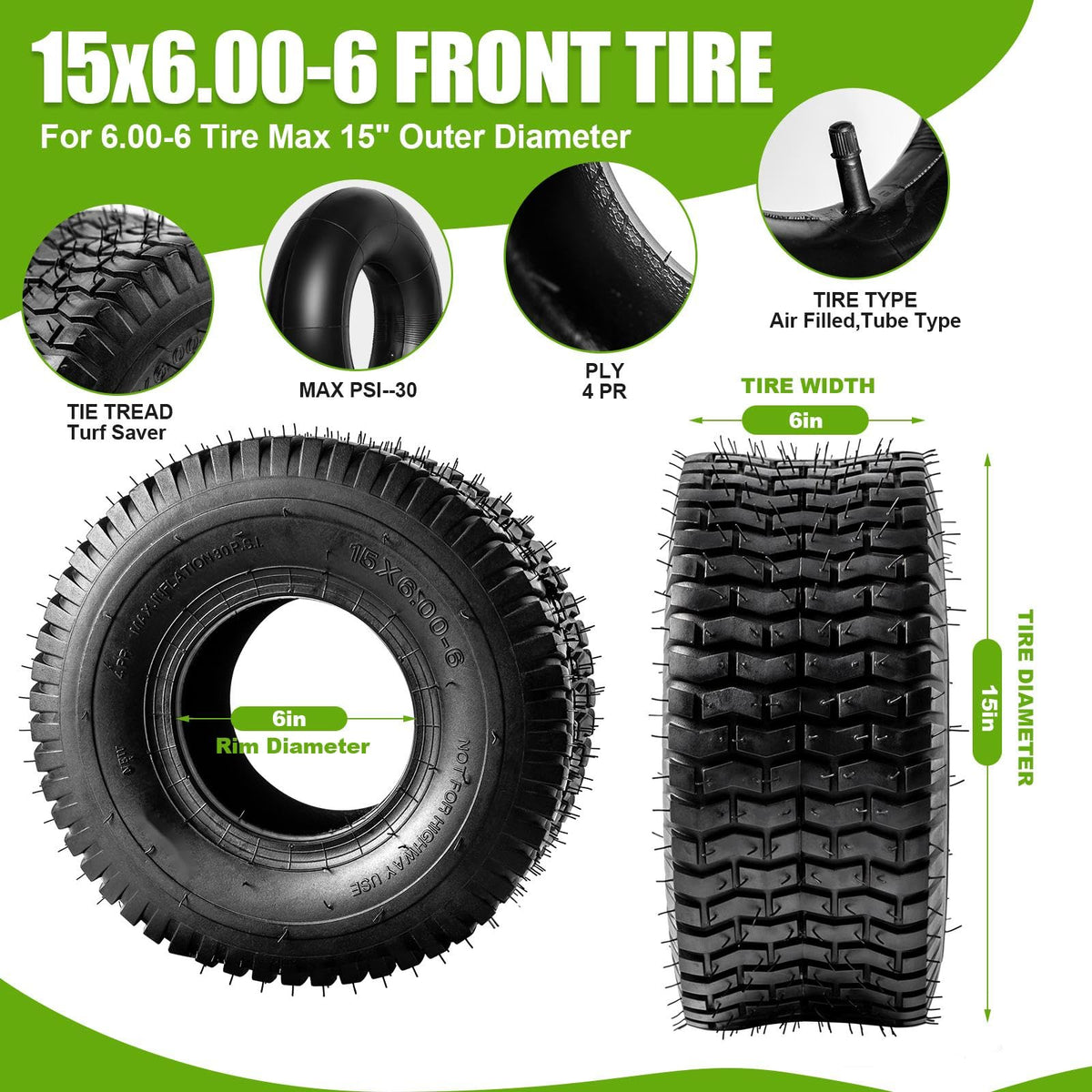 15x6.00-6 Lawn Mower Tire and Inner Tube 2PCS A7942