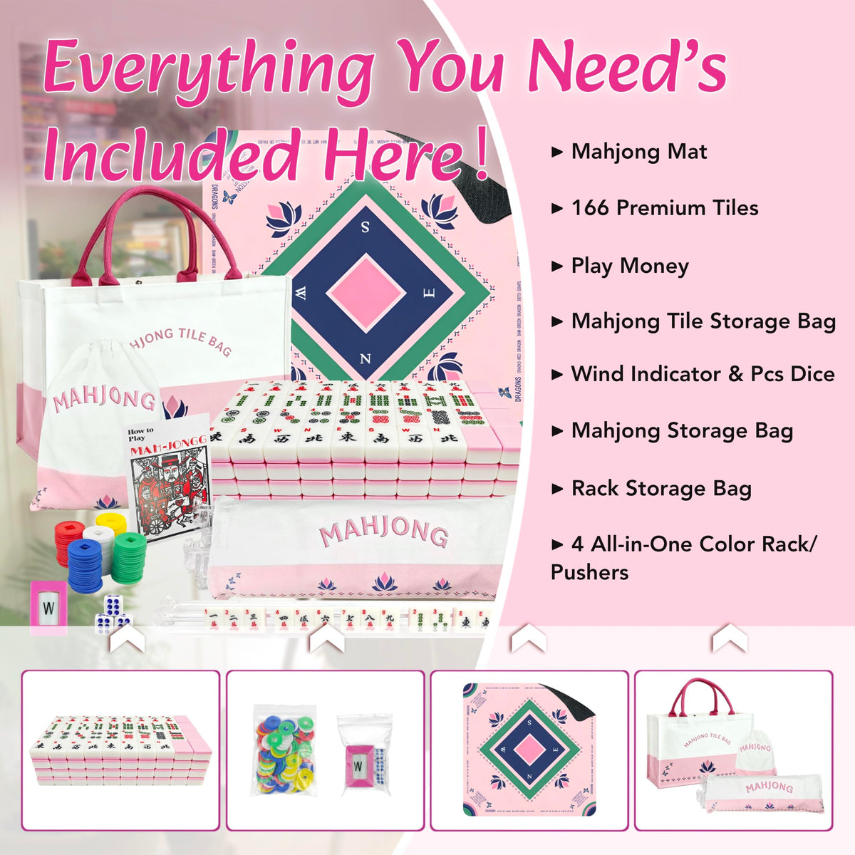 Pink Mahjong Game Set with 166 Tiles, Mat, 4 Racks and Bag V383