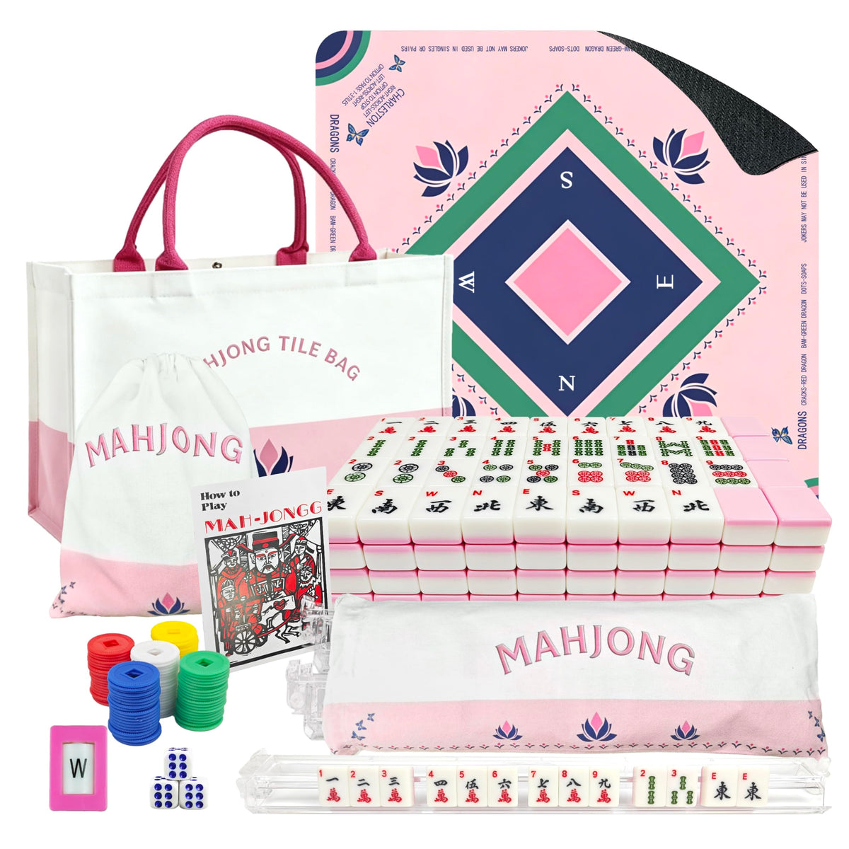 Pink Mahjong Game Set with 166 Tiles, Mat, 4 Racks and Bag V383