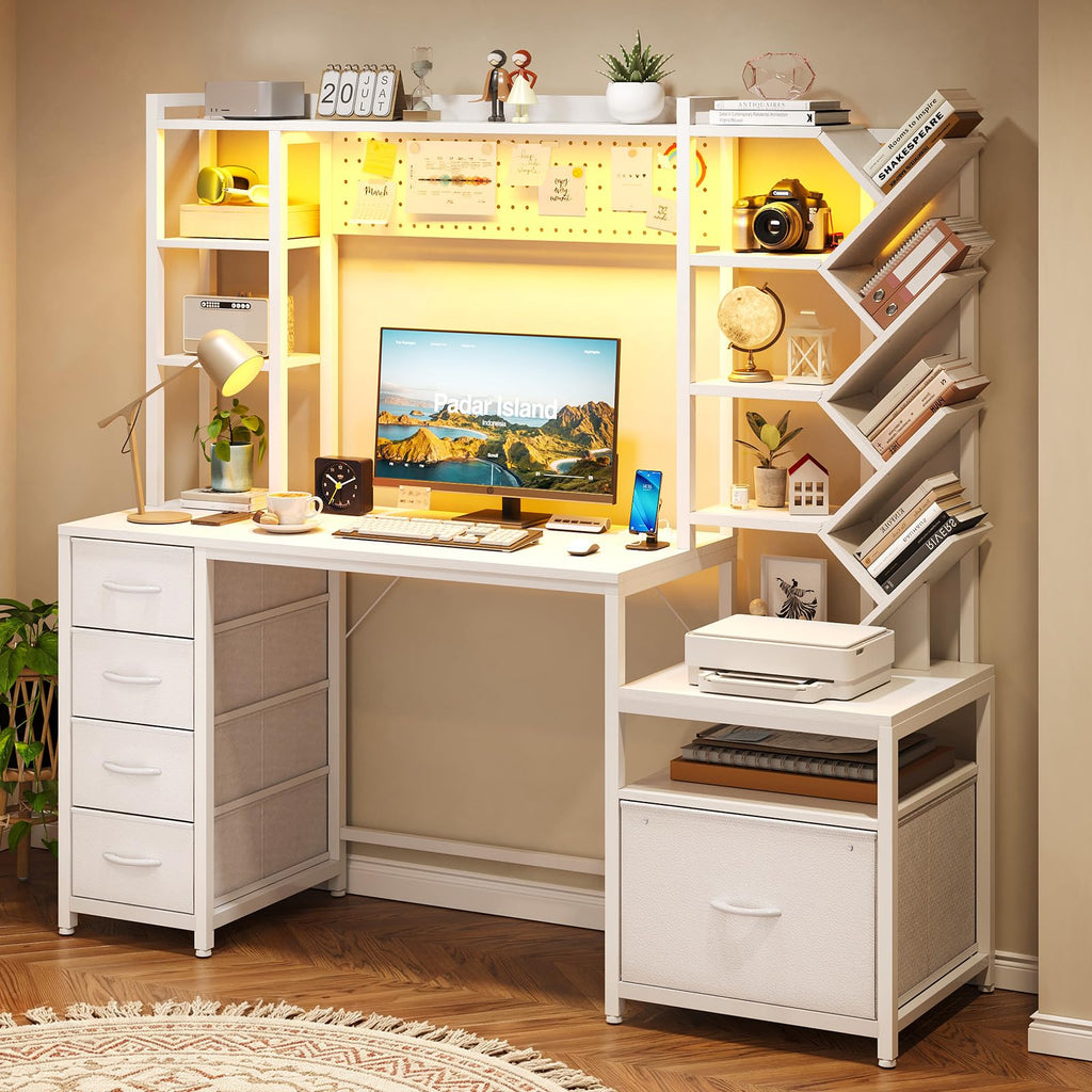 61.4" Computer Desk with Bookshelf, 5 Drawers, Hutch, Outlet, LED F474636