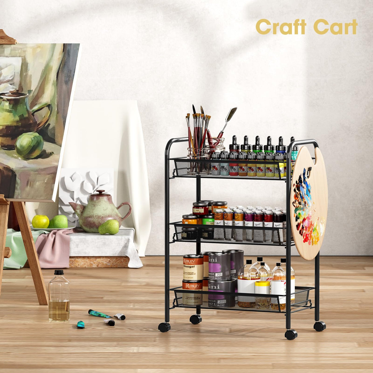 3 Tier Rolling Metal Storage Cart with Wheels, Black O161008