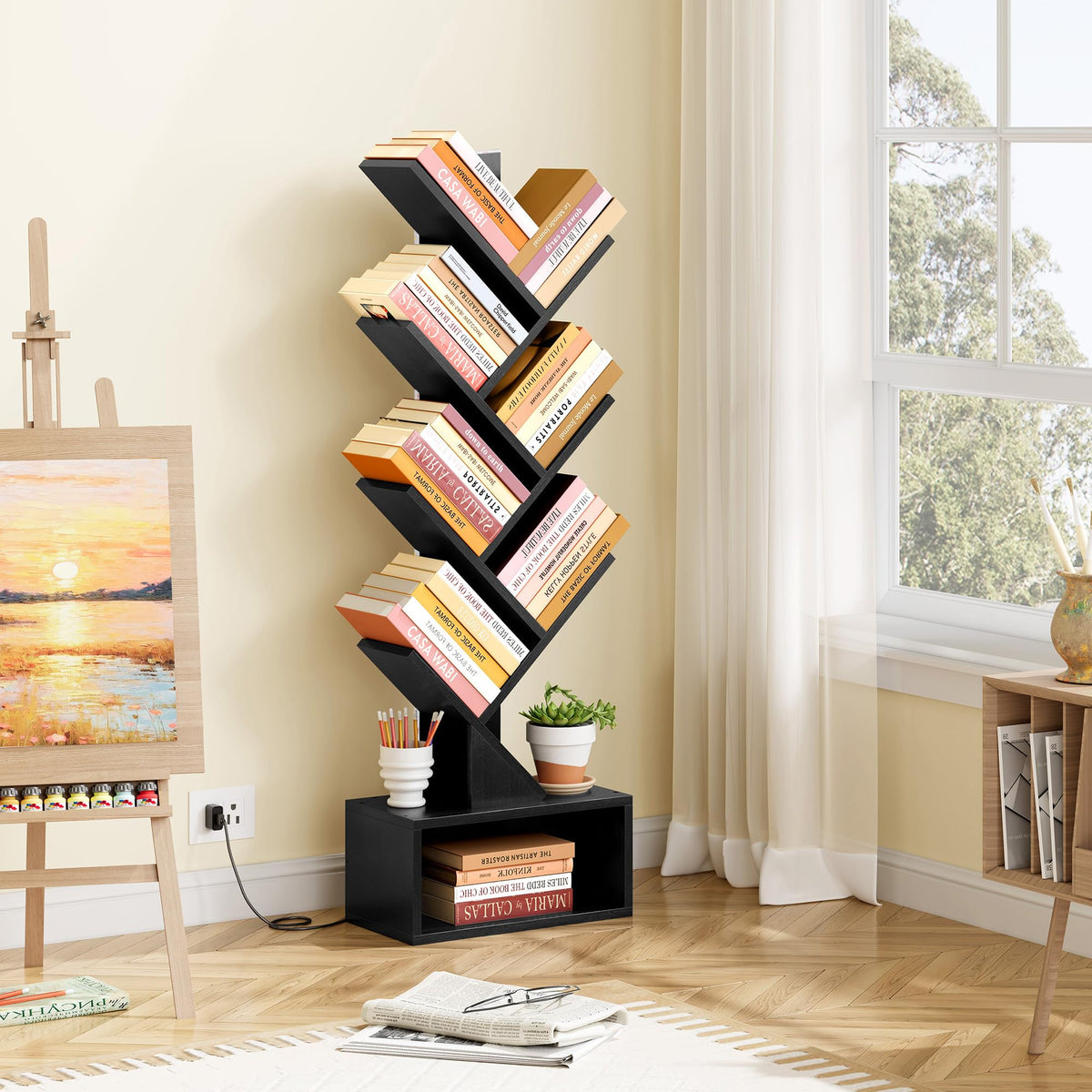 6 Tier Tree Bookshelf with Drawer and LED Lights Y15849
