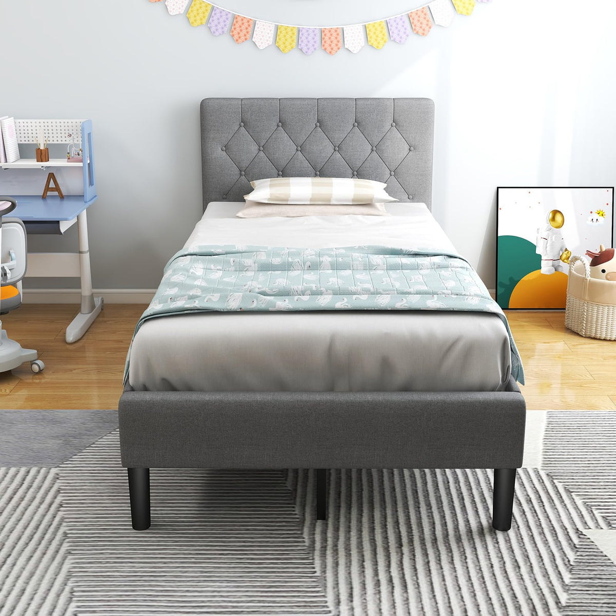 Grey Twin Upholstered Platform Bed with Headboard L23102