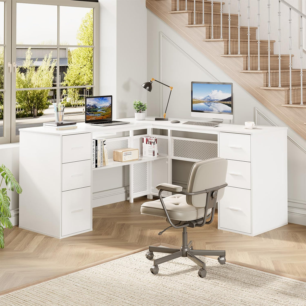 White L Shaped Desk with Drawers V7813