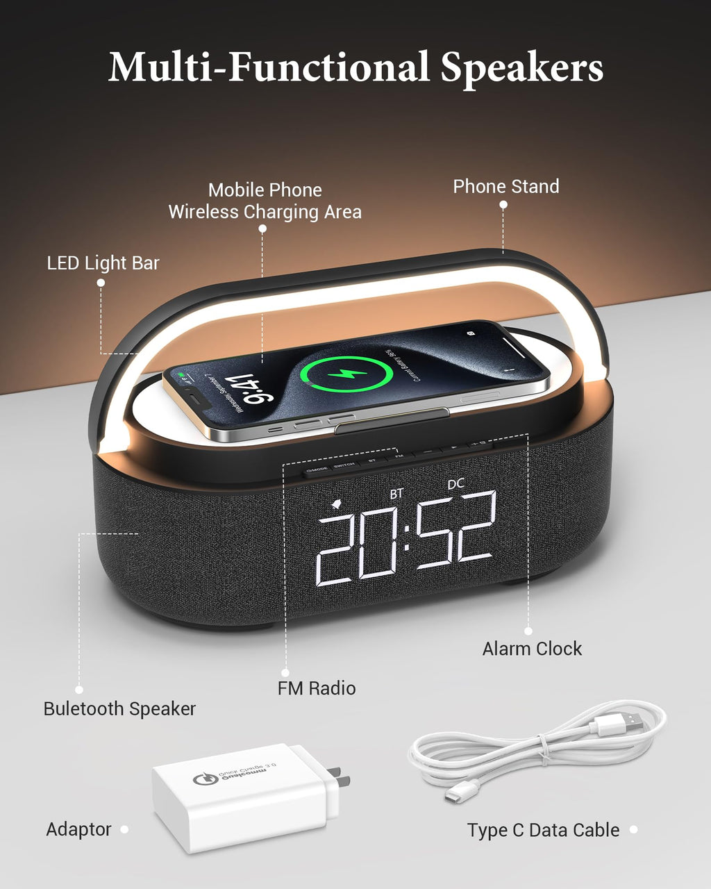 Bluetooth Speaker with Wireless Charger FM Radio LED Light O3185