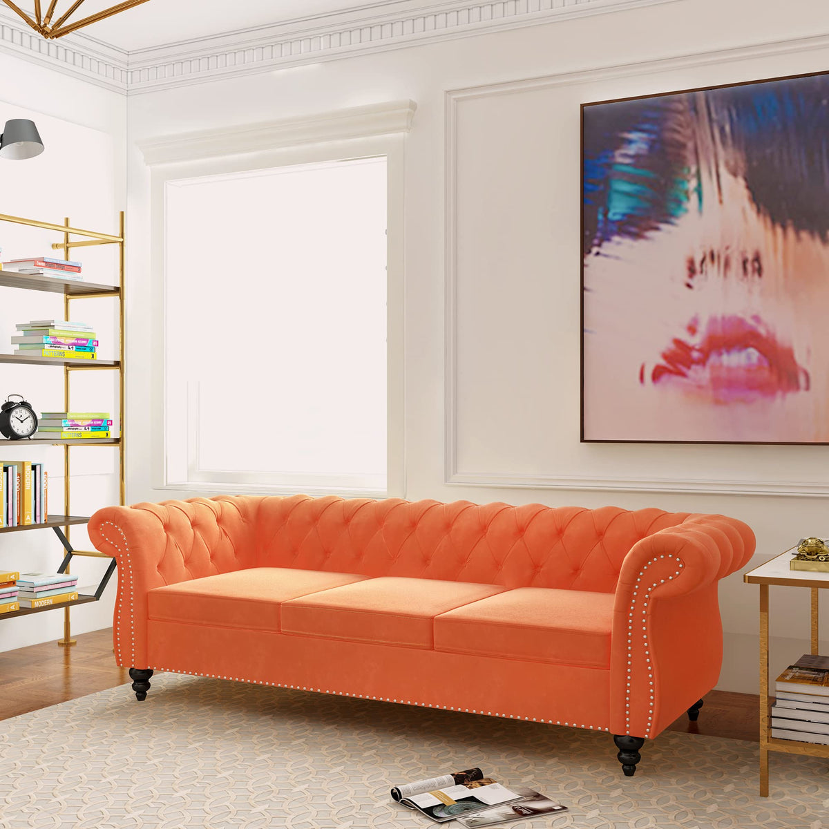 Velvet 3 Seater Tufted Sofa with Rolled Arms U8720