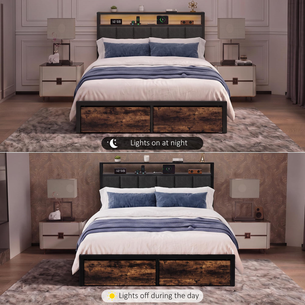 Full Bed Frame with Storage Drawers and LED Lights V70485