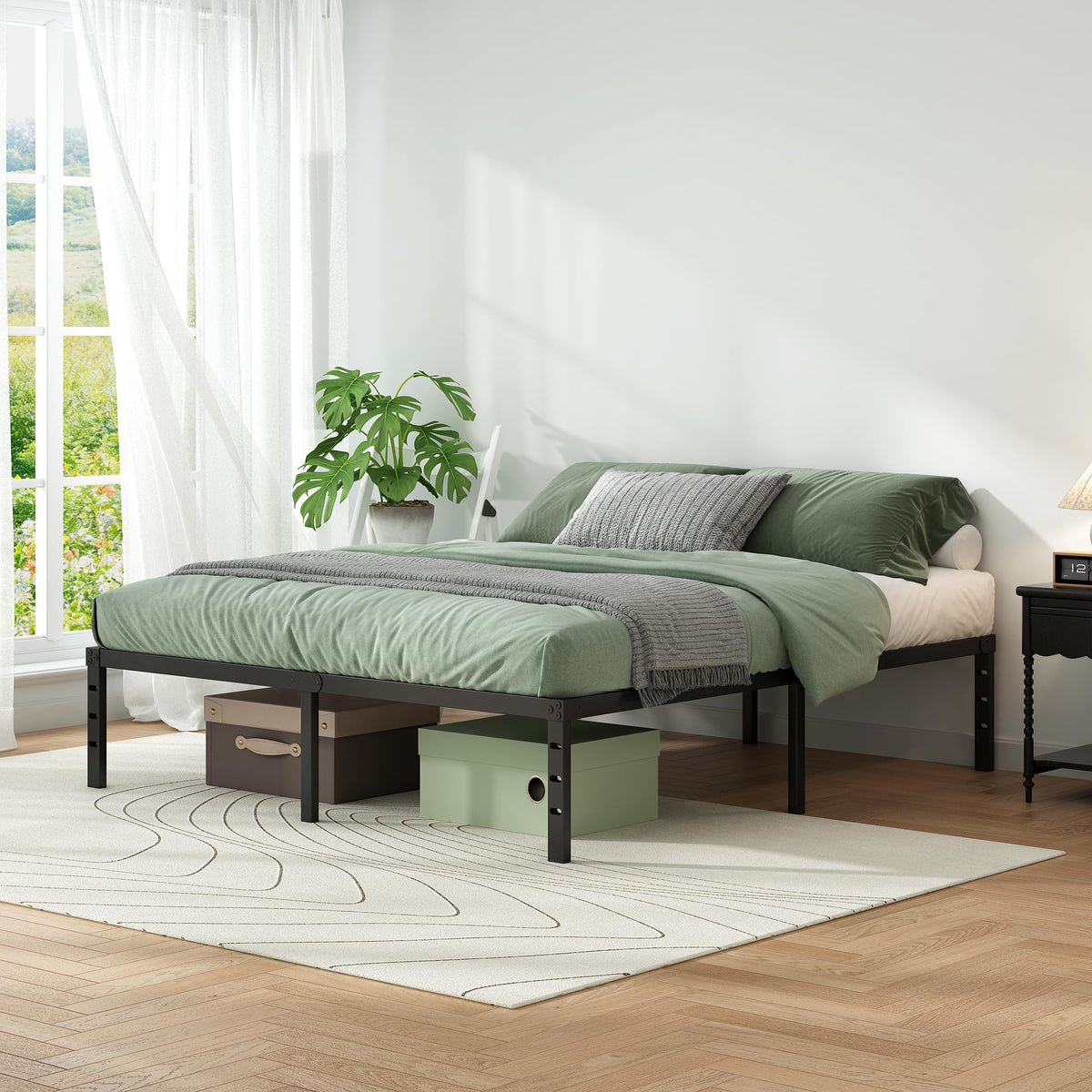 Black Metal Platform Bed Frame Full Size, 18 Inch Height with Underbed Storage E182393