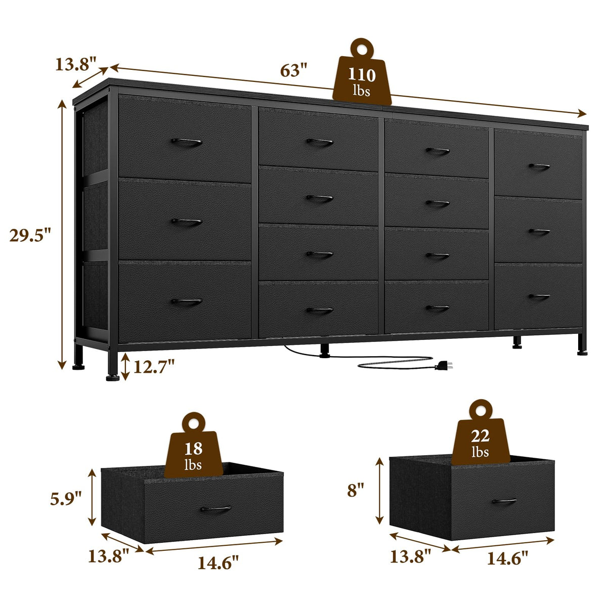 63 Inch TV Stand with 14 Fabric Drawers, Black E136