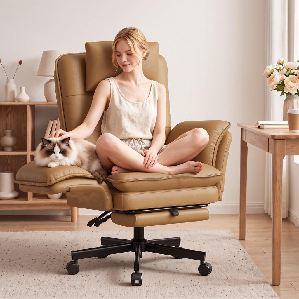 Brown Office Chair with Foot Rest & Flip Armrests R769