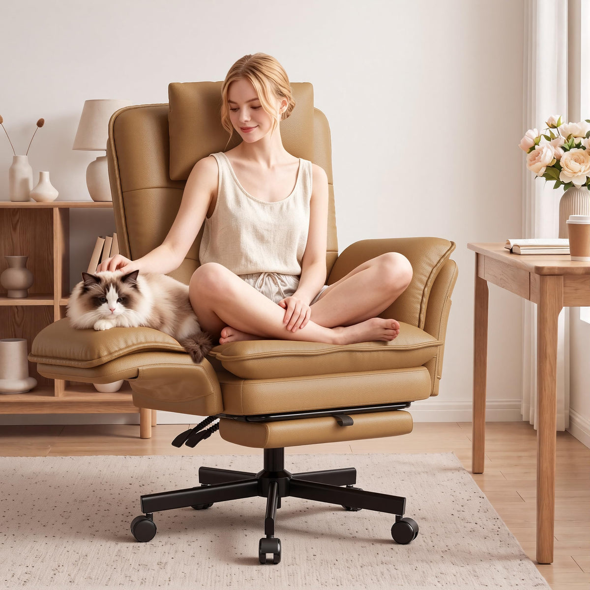 Brown Office Chair with Foot Rest & Flip Armrests R769